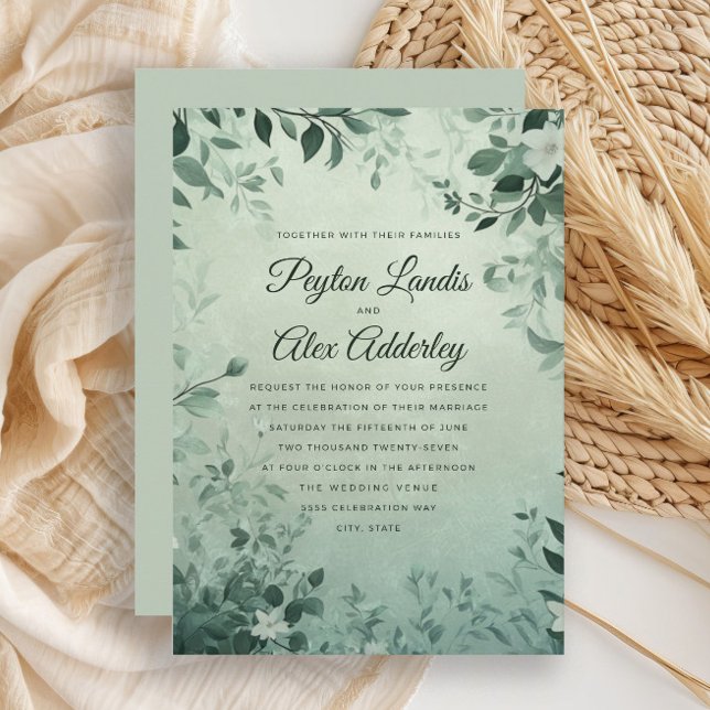 Convite de Casamento Aquarela Folhas Botânicas Ver (Sage green leaves botanical wedding invitation)