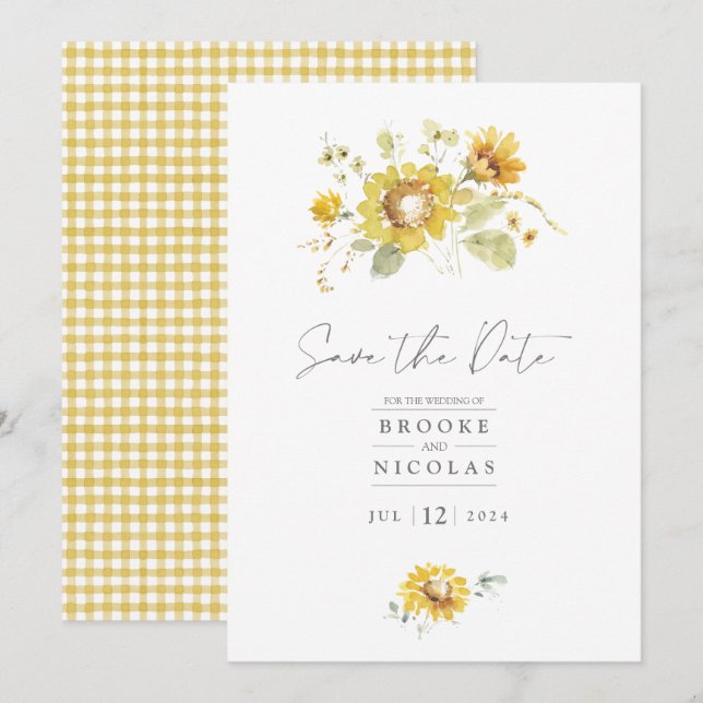 Convite de Casamento Aquarela Girassol Amarelo (Frente/Verso)