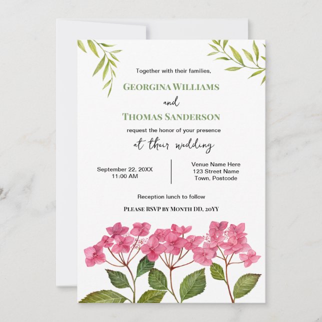 Convite de Casamento Aquarela Hydrangea Lacecaps R (Frente)