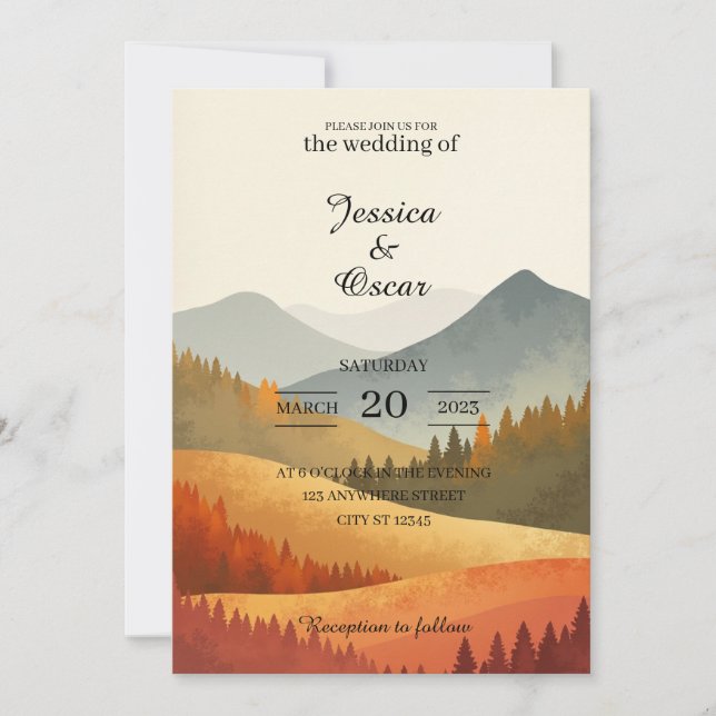Convite de Casamento Aquarela Montanha de Outono (Frente)