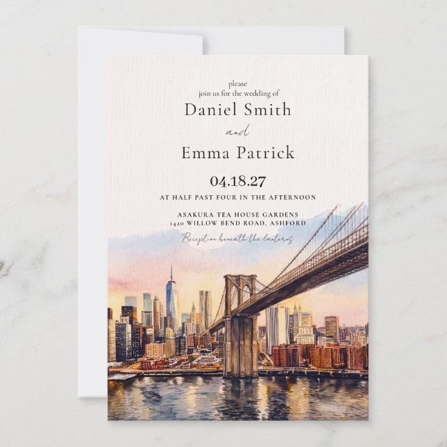 Convite de Casamento Aquarela Ponte de Brooklyn em (Frente)