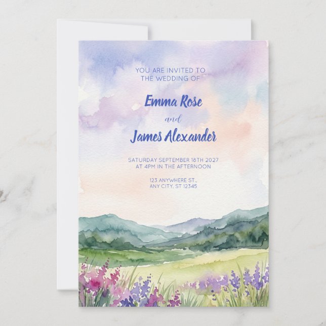 Convite de Casamento Aquarela Prado de Lavanda (Frente)