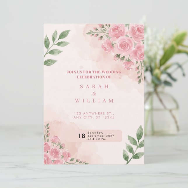 Convite de Casamento Aquarela Rosa Cor-de-Rosa (Em pé/Frente)