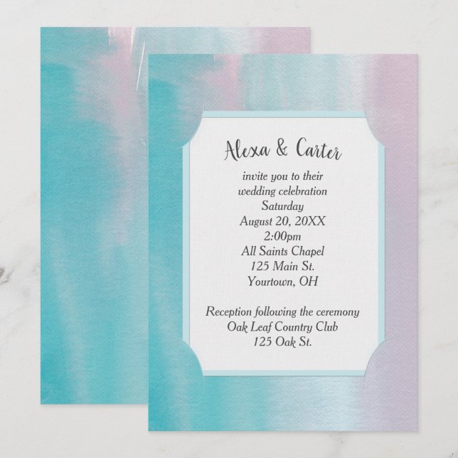 Convite de Casamento Aquarela Rosa e Aquamarine (Frente/Verso)