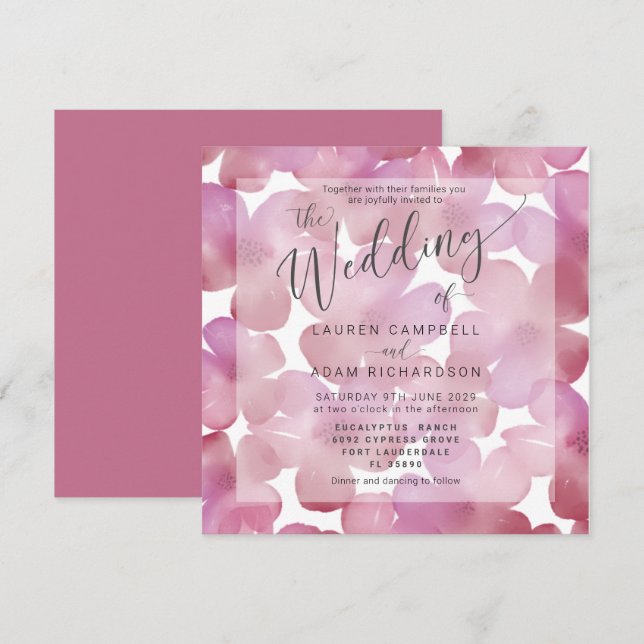 Convite de Casamento Aquarela Rosa Flores Boho (Frente/Verso)