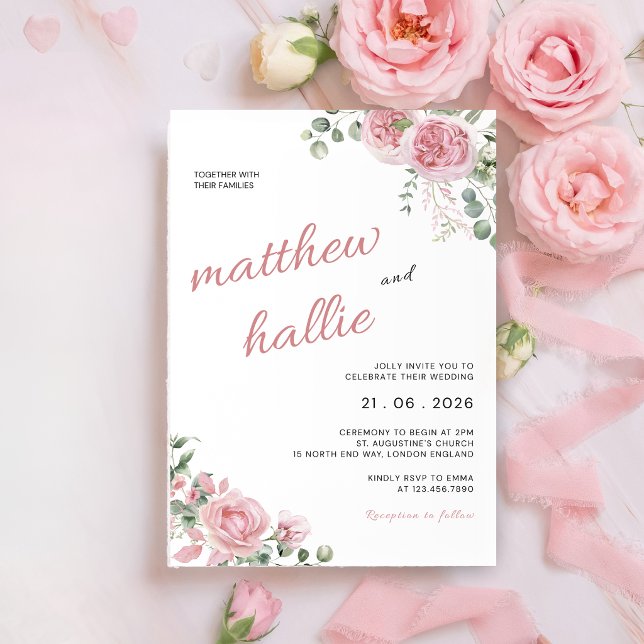 Convite de Casamento Aquarela Rosa Rosa Eucalipto (Criador carregado)