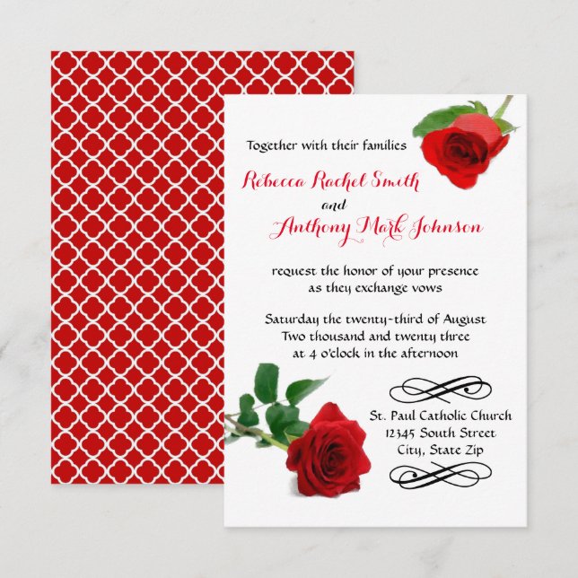 Convite de Casamento Aquarela Rosa Vermelha - 3x5 (Frente/Verso)