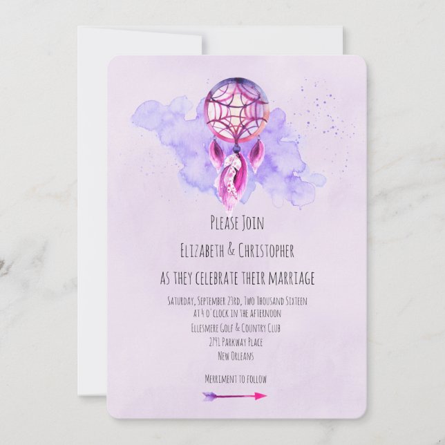 Convite de Casamento Aquarela Roxa Pink Dreamcatch (Frente)