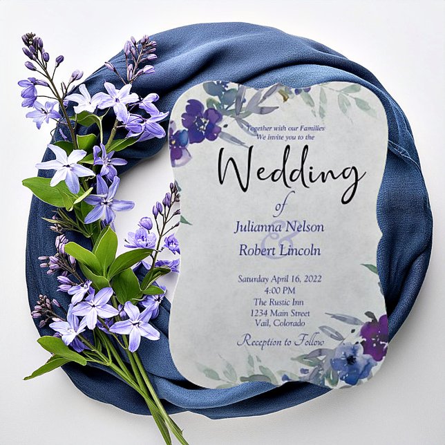Convite de casamento aquarela roxo e azul (Criador carregado)