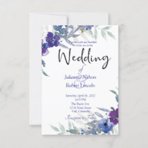 Convite de casamento aquarela roxo e azul