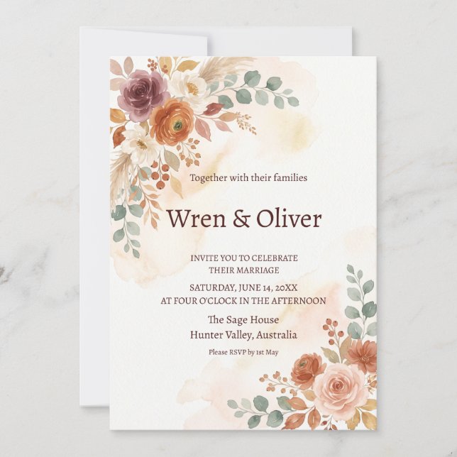 Convite de Casamento Aquarela Terracota Blush (Frente)
