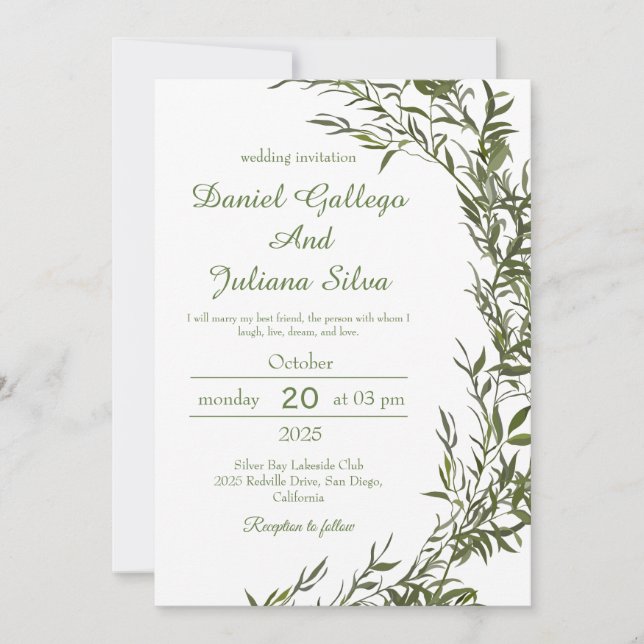 Convite de Casamento Aquarela Verde (Frente)