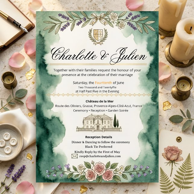 Convite de Casamento Aquarela Verde Chateau França (Criador carregado)