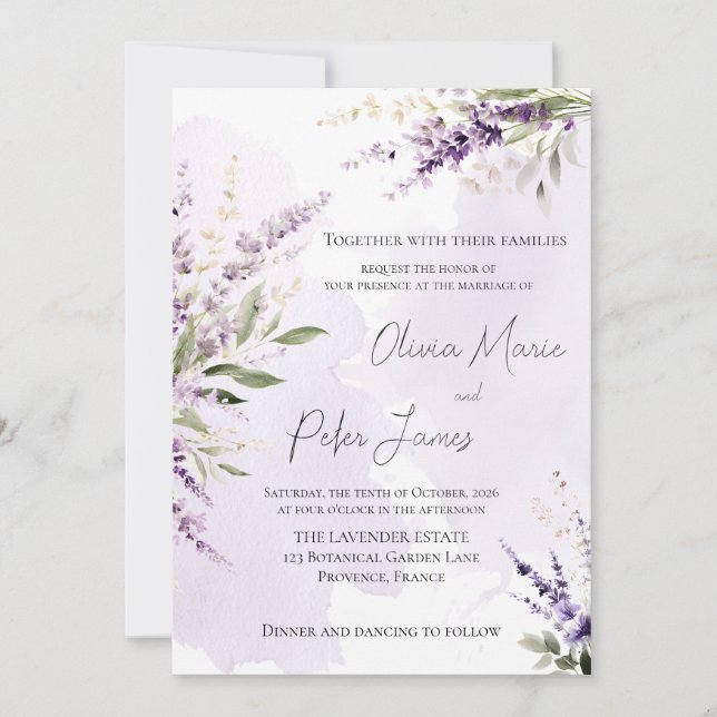 Convite de Casamento Aquarela Verde Lavanda Salvia (Frente)