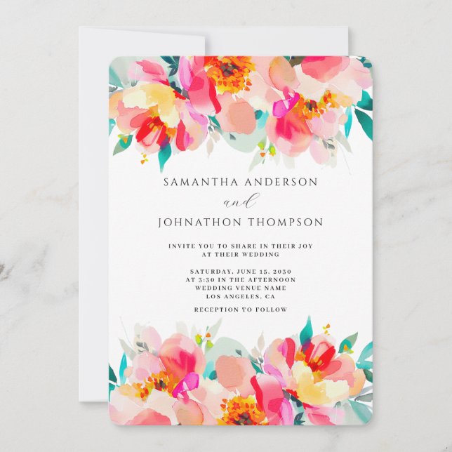 Convite de Casamento Aquarela Vibrante Floral Rosa (Frente)
