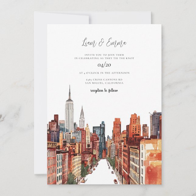 Convite de Casamento Aquarela Vintage NYC Cidade d (Frente)