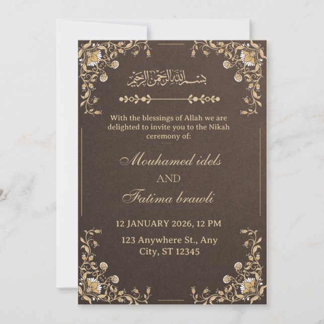 Convite de Casamento Árabe Elegante em Dourado e C (Frente)