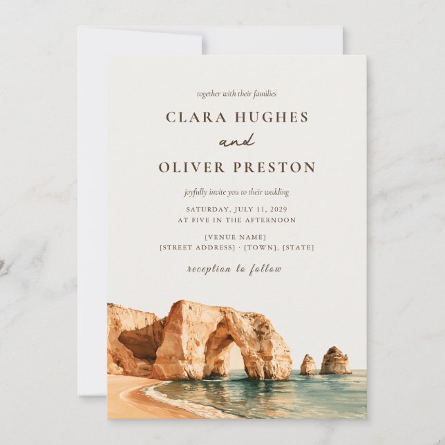 Convite de Casamento Arco de Falésia do Algarve em (Frente)