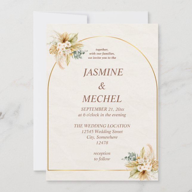 Convite de Casamento Arco de Grama de Pampas Boho  (Frente)