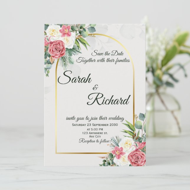 Convite de Casamento Arco Elegante Rosa Bege Doura (Em pé/Frente)