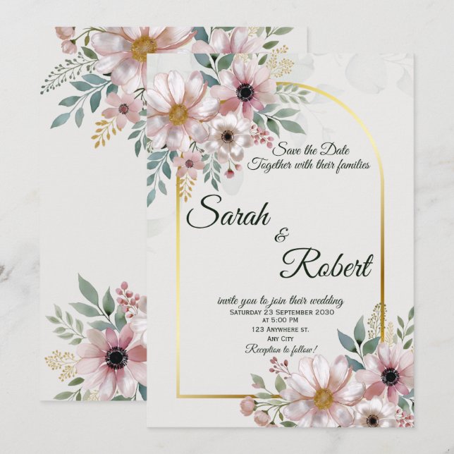Convite de Casamento Arco Floral Bege Elegante Dou (Frente/Verso)