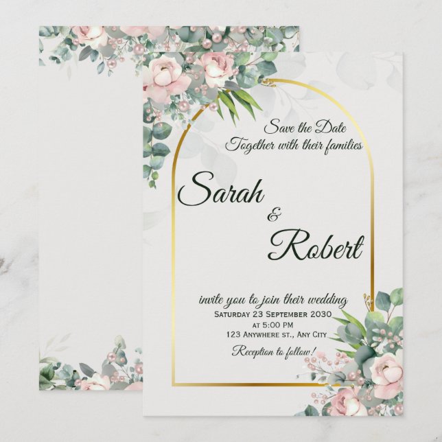 Convite de Casamento Arco Floral Dourado Rubor (Frente/Verso)