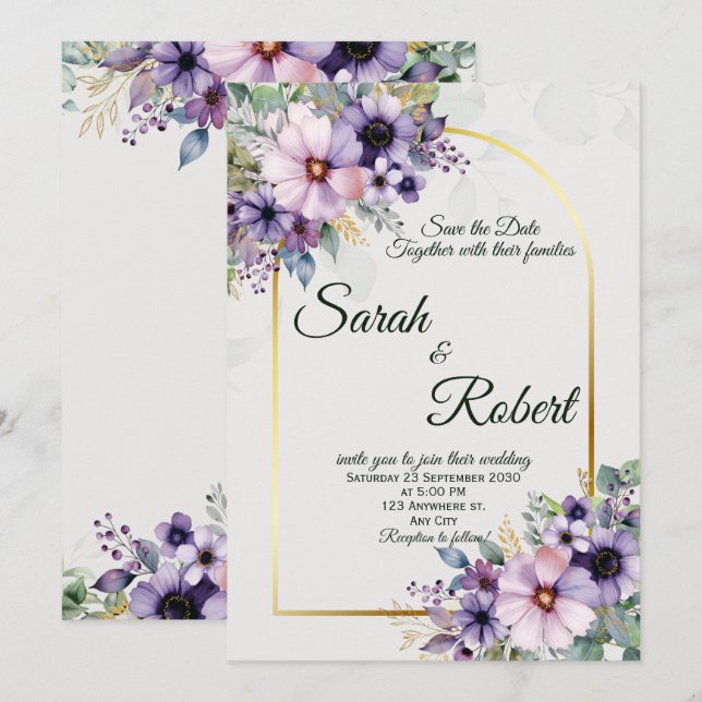 Convite de Casamento Arco Floral Roxo Lavanda Dour (Frente/Verso)