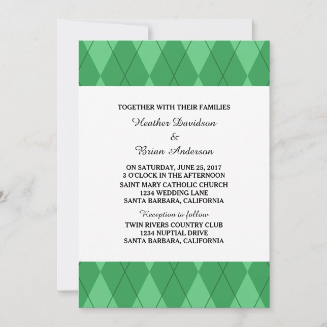 Convite de casamento Argyle Verde (Frente)