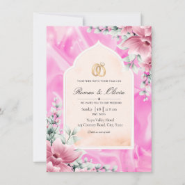 Convite de Casamento Arqueado de Seda Rosa Luxuosa