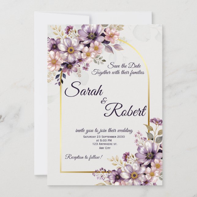 Convite de Casamento Arqueado Floral Bege Rosa com (Frente)