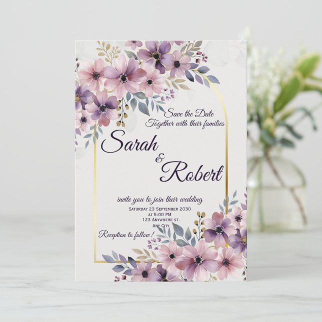 Convite de Casamento Arqueado Floral Rosa Lavanda  (Em pé/Frente)