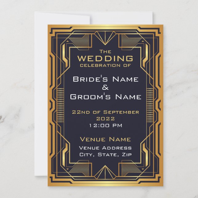 Convite de Casamento Art Déco Azul e Dourado (Frente)