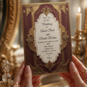 Convite de Casamento Art Deco Burgundy & Dourado V