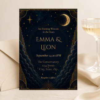 Convite de Casamento Art Déco Celestial | Azul-Nav