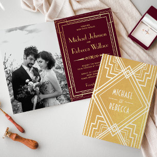 Convite de Casamento Art Déco com Folha de Ouro e