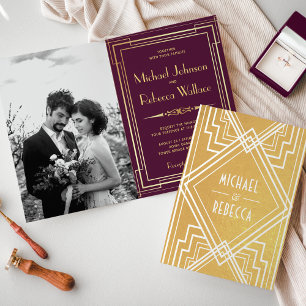 Convite de Casamento Art Déco com Folha de Ouro e 