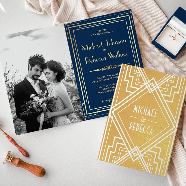 Convite de Casamento Art Déco com Laminação Dourad (Criador carregado)