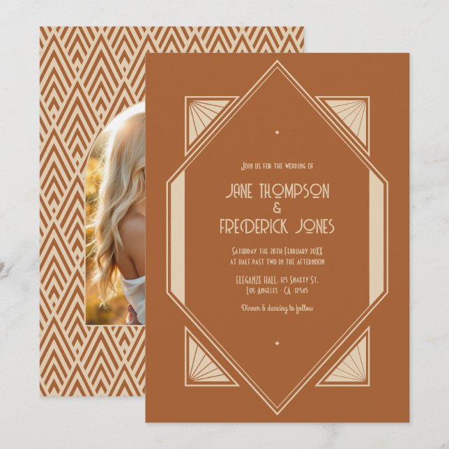 Convite de Casamento Art Déco com Sienna Queimada  (Frente/Verso)