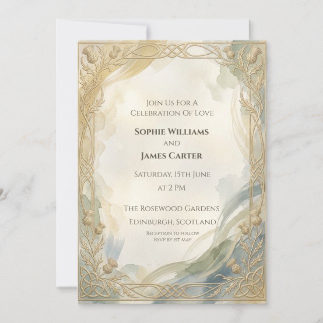 Convite de Casamento Art Déco Dourado Azul (Frente)