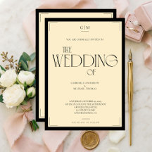 Convite de Casamento Art Déco Elegante Preto e Cre