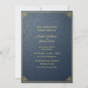 Convite de Casamento Art Déco em Azul Ardósia Dour