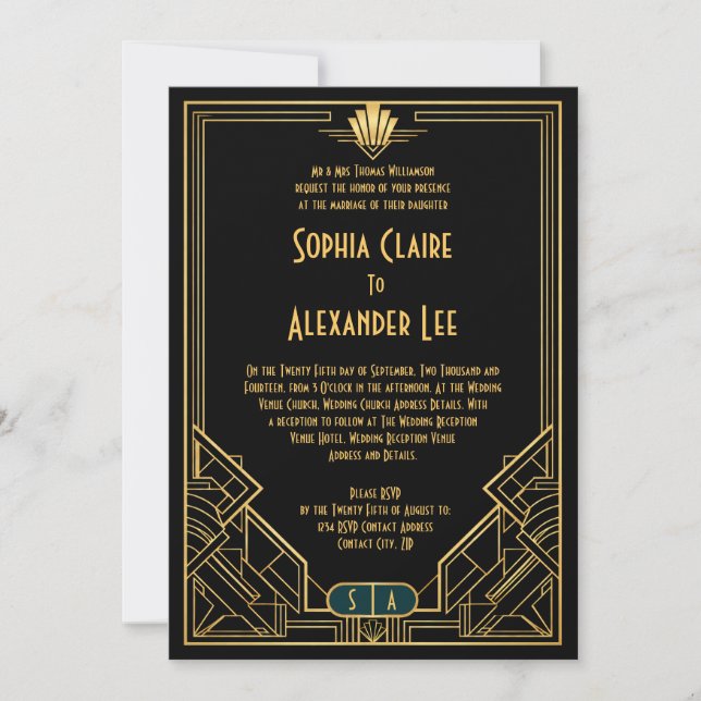 Convite de Casamento Art Deco Estilo Gatsby (Frente)