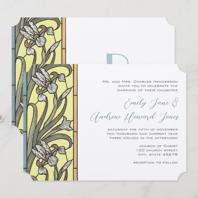 Convite de Casamento Art Déco Íris Azul e Amarelo (Frente/Verso)