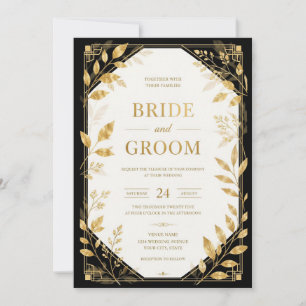 Convite de Casamento Art Déco Moderno Preto Dourad