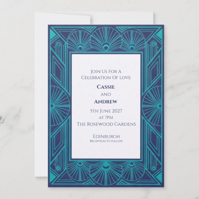Convite de Casamento Art Déco Pavão Azul (Frente)