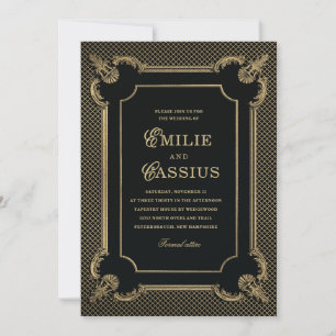 Convite de Casamento Art Déco Preto Dourado