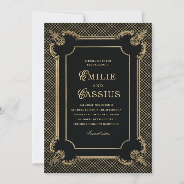 Convite de Casamento Art Déco Preto Dourado (Frente)