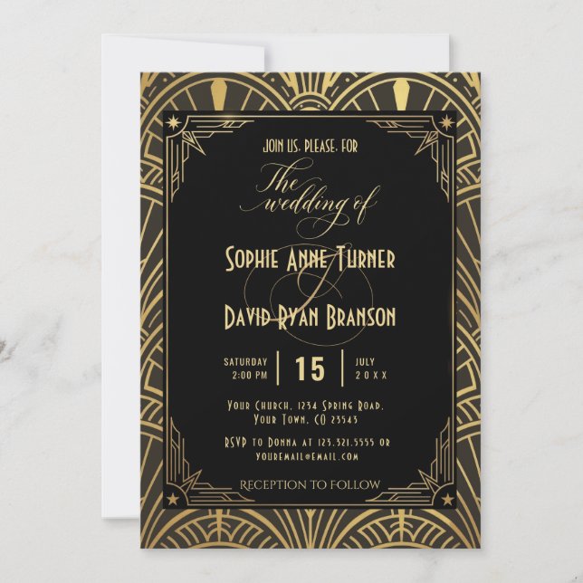 Convite de Casamento Art Déco Preto Dourado Elegan (Frente)