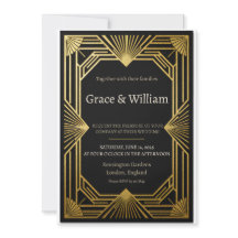 Convite de Casamento Art Déco Preto Dourado Sol Na