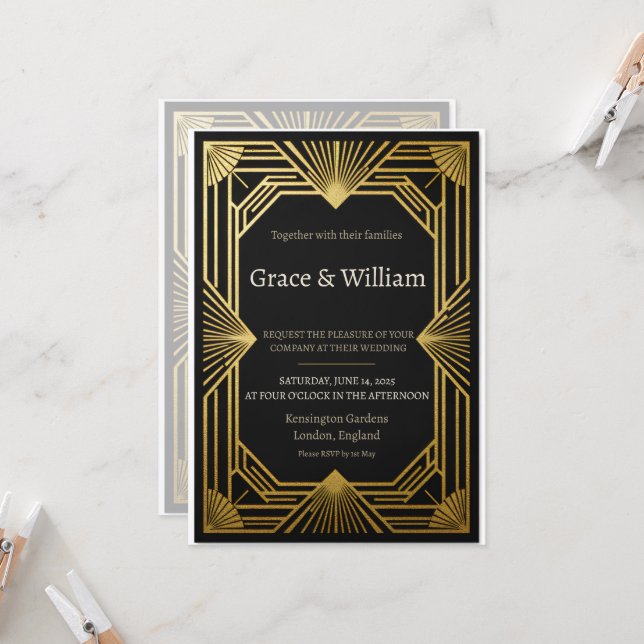 Convite de Casamento Art Déco Preto Dourado Sol Na (Frente/Verso In Situ)